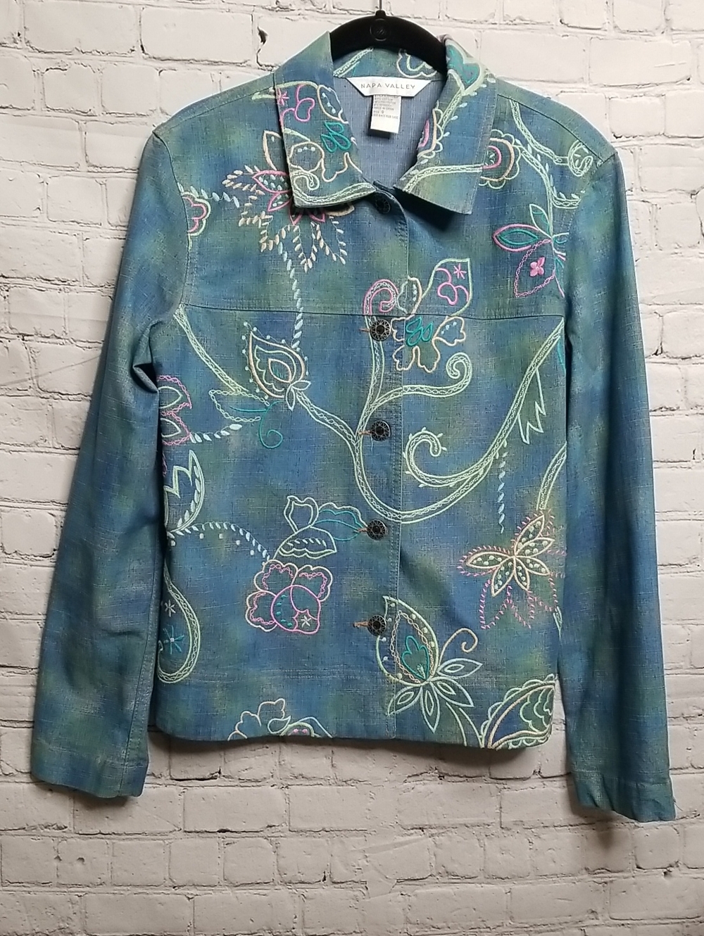 Napa Valley womens denim jacket size Small pinks/turquoise/white EUC